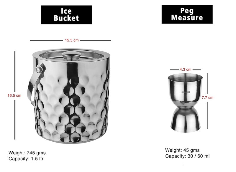Steren Impex Stainless Steel 4 Piece Coin Design Bar Set for DrinkGift Double Wall Ice Bucket with Tong Peg Measurer Cocktail Shaker - Image 2