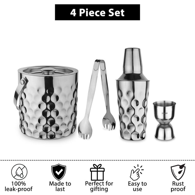 Steren Impex Stainless Steel 4 Piece Coin Design Bar Set for DrinkGift Double Wall Ice Bucket with Tong Peg Measurer Cocktail Shaker - Image 5