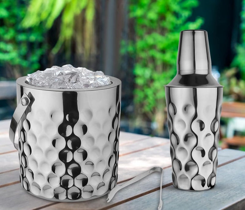 Steren Impex Stainless Steel 4 Piece Coin Design Bar Set for DrinkGift Double Wall Ice Bucket with Tong Peg Measurer Cocktail Shaker - Image 4