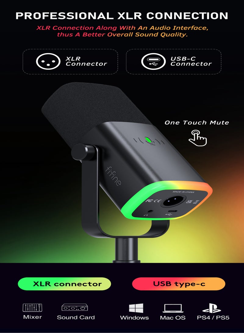 فيفين ميكروفون دوي للمحترفين FIFINE XLR/USB لتسجيل البودكاست، جهاز ميكروفون للألعاب على الكمبيوتر مع ضوء RGB، زر كتم الصوت، مقبس سماعات، قاعدة مكتبية، ميكروفون صوتي للغناء على يوتيوب - AmpliGame AM8 - Image 4