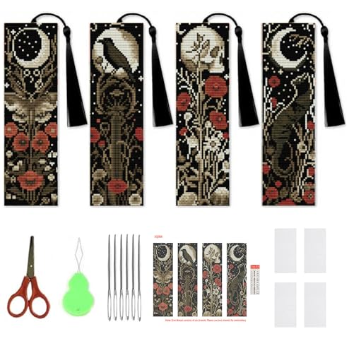 NEGEKFKX 4 Pcs Flower Cross Stitch Bookmark Kit for Adult Beginners,Bohemia Moth Cross Stitch Kits 14 CT DIY Cross Stitch Kits Adult Stamped Bookmark Embroidery Bookmarks Kit - Image 1