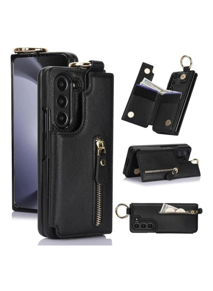 For Samsung Galaxy Z Fold 6 Zippered Wallet Case, Flip Card Case, Folding Phone Case with Ring and Leather Stand - Image 1