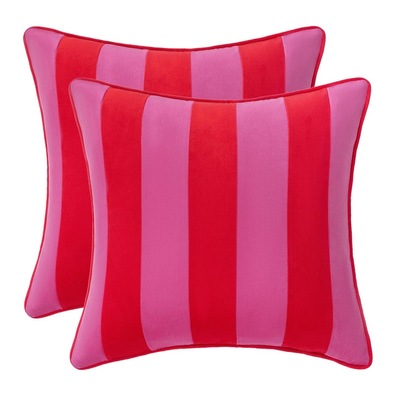 MONDAY MOOSE Decorative Throw Pillow Covers Cushion Cases, Set of 2 Soft Velvet Striped Piping Edge Designs, Pillow Inserts Not Included (20x20 inch, Hot Pink/Red) - Image 1