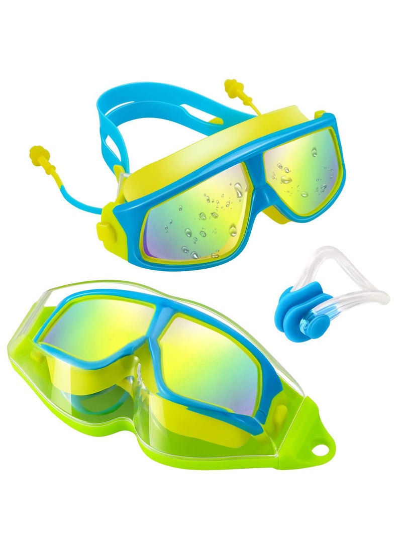 Y&D Kids Waterproof Swimming Goggles, Underwater Clear Vision Anti-fog UV Protection Without Leakage Soft Silicone Large Frame with Ear Plugs (Blue and Yellow) - Image 1