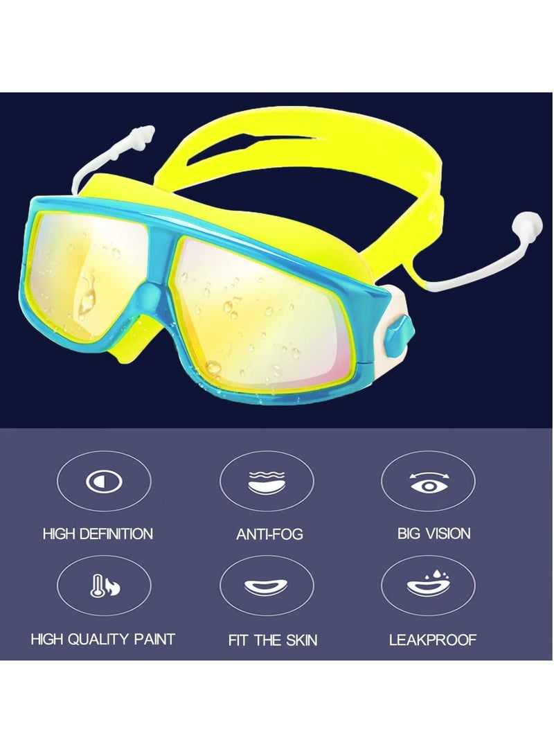 Y&D Kids Waterproof Swimming Goggles, Underwater Clear Vision Anti-fog UV Protection Without Leakage Soft Silicone Large Frame with Ear Plugs (Blue and Yellow) - Image 2