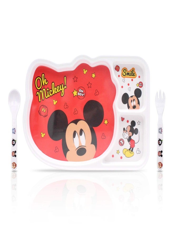 Finex 3 Pcs Set - Mickey Polka Dot Resin Meal Time Dishes Food Feeding Divided Compartments Dinnerware Plate with Matching Spoon and Fork Flatware - Image 1