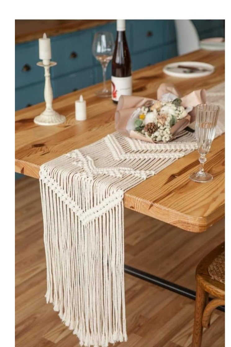 مفرش طاولة مكرمية عام، ١٢ بوصة × ١٠٠ بوصة، أبيض، بنمط زخرفي، قطن - Image 1