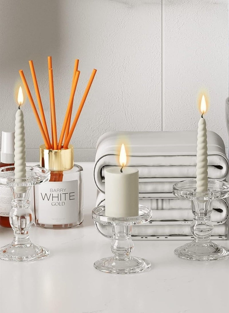 كيلا حاملات شموع زجاجية شفافة للشموع المدببة والشموع العمودية وشموع الشاي الصغيرة - مجموعة من 3 حاملات شموع لحفلات الزفاف والطعام والديكور - تناسب شموع متعددة الأغراض فاخرة بحجم من 0.9 بوصة إلى 2.8 بوصة - Image 4