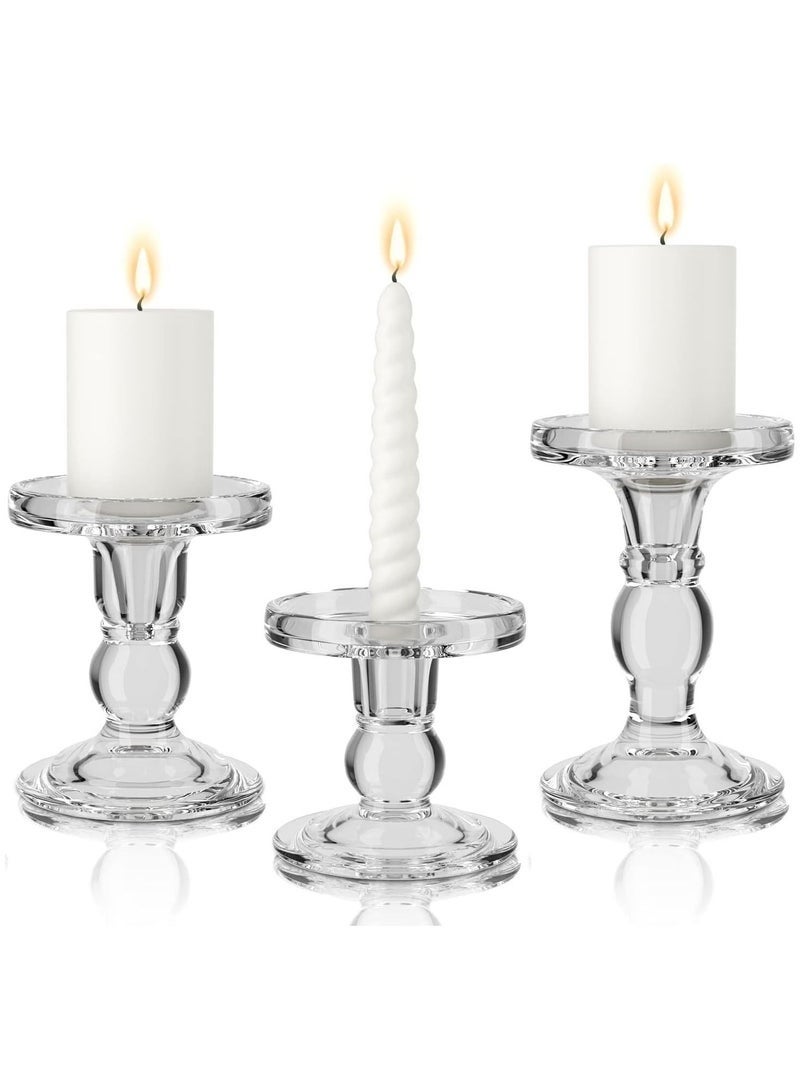 كيلا حاملات شموع زجاجية شفافة للشموع المدببة والشموع العمودية وشموع الشاي الصغيرة - مجموعة من 3 حاملات شموع لحفلات الزفاف والطعام والديكور - تناسب شموع متعددة الأغراض فاخرة بحجم من 0.9 بوصة إلى 2.8 بوصة - Image 2