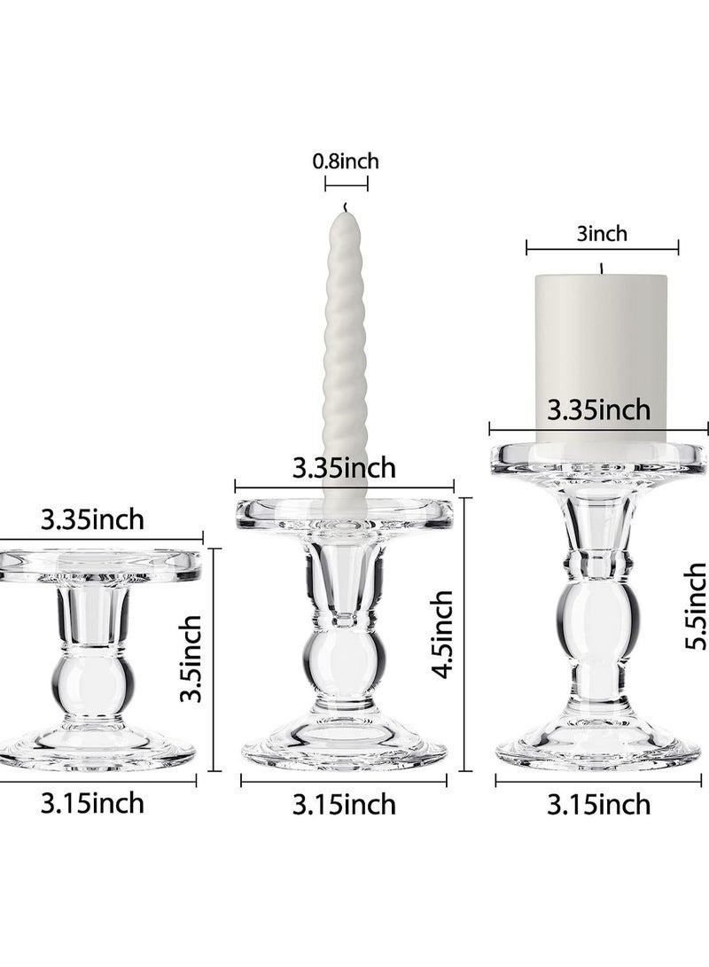 كيلا حاملات شموع زجاجية شفافة للشموع المدببة والشموع العمودية وشموع الشاي الصغيرة - مجموعة من 3 حاملات شموع لحفلات الزفاف والطعام والديكور - تناسب شموع متعددة الأغراض فاخرة بحجم من 0.9 بوصة إلى 2.8 بوصة - Image 3
