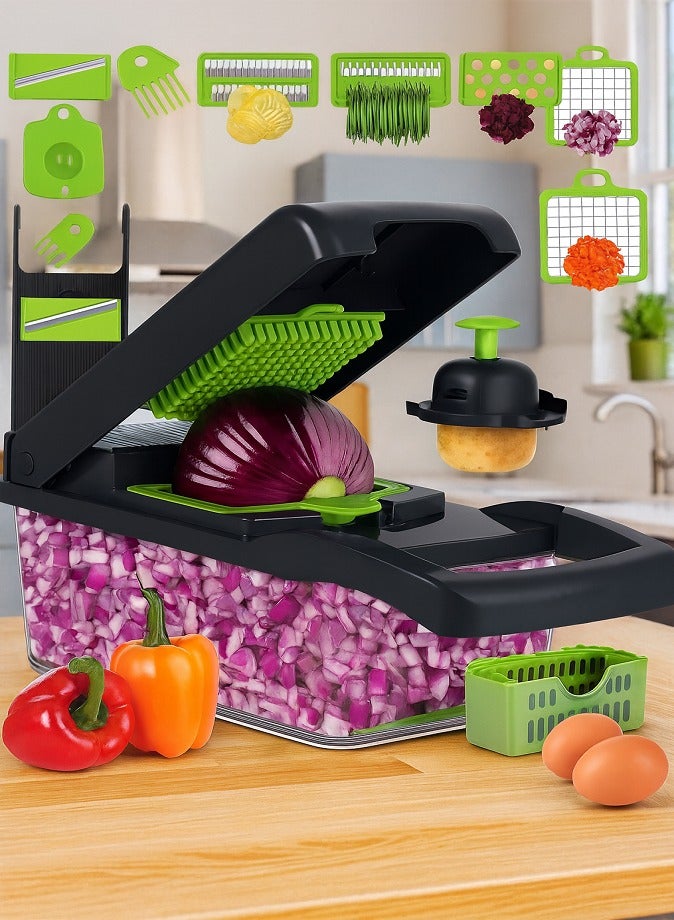 ليفي مفرمة خضراوات متعددة الوظائف 16 في 1 - قطاعة بصل احترافية مع 8 شفرات قابلة للتبديل وحاوية كبيرة، قطاعة طعام ماندولين للبصل والجزر والثوم والبطاطس والطماطم والمزيد - Image 2
