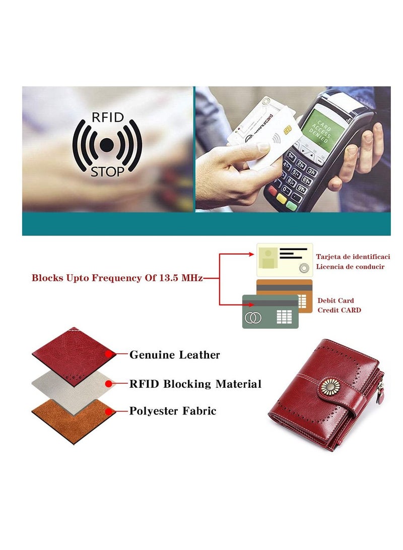 Women's Leather Small Compact RFID Shield Credit Card Bag Wallet with Zip Pocket