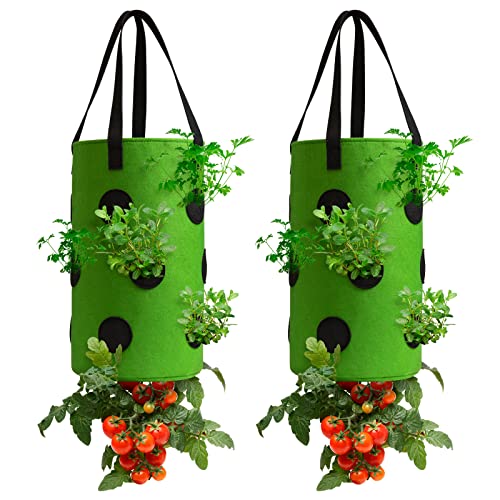 Homyhoo 2 Pack Green Upside Down Tomato & Herb Planter, Outdoor Hanging Durable Aeration Fabric Strawberry Planter Bags - Image 1