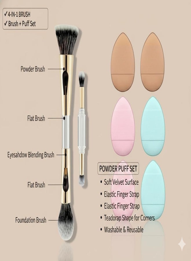 Makeup Brush 4 in 1 Combo with 6 Finger Puffs – Multi-Use Foundation, Concealer & Face Blending Set (Reusable & Soft) - Image 3