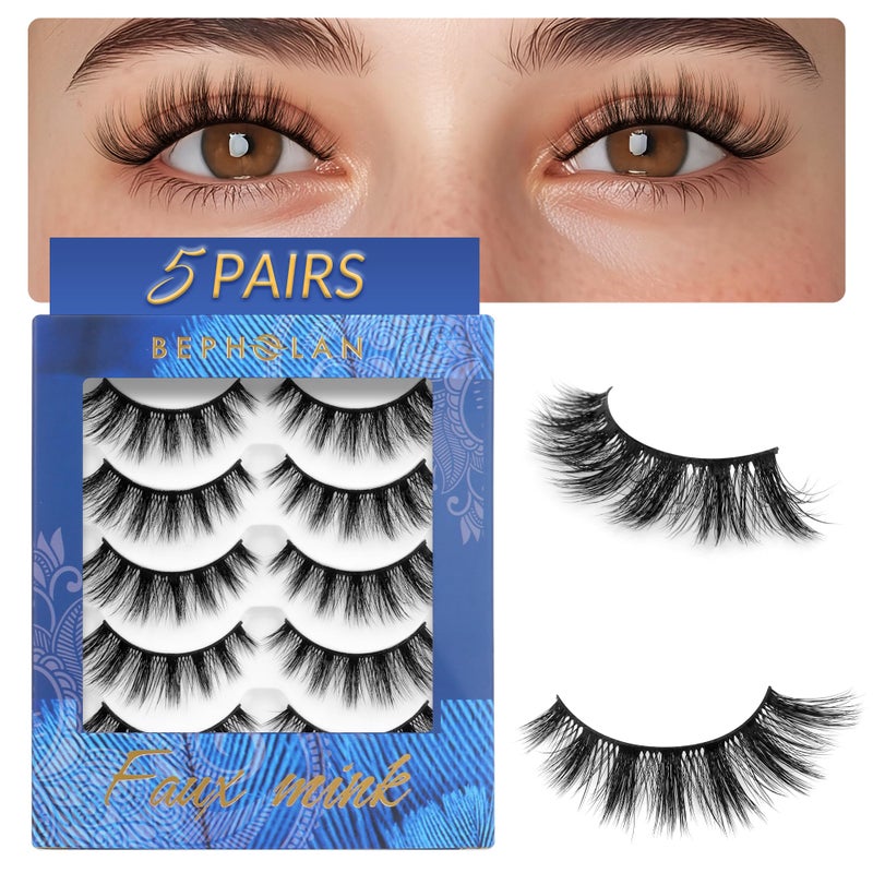 Bepholan False Eyelashes Natural Look Wispy 3D Super Fluffy False Lashes Volume Cat Eye Lashes 5 Pairs Faux Mink Lashes (DV05) - Image 1