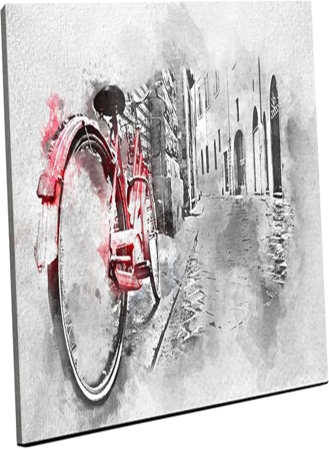 Home Gallery Canvas Wall Art, Abstract Framed Portrait of retro vintage red bike on cobblestone street 120 W x 80 H x 2 D