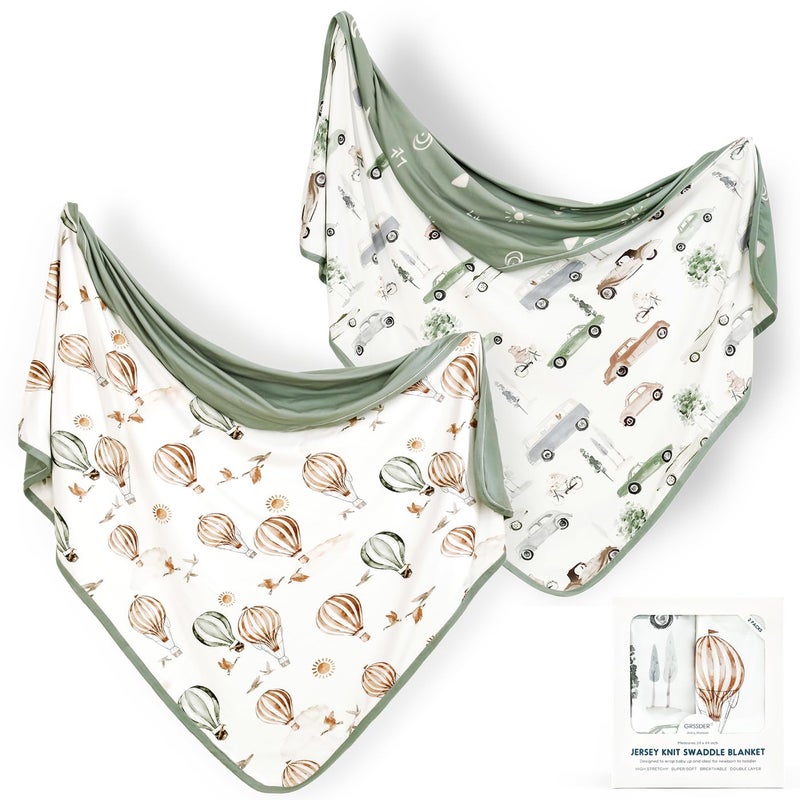GRSSDER Baby Swaddle Blankets 2 Pack, Super Soft Jersey Knit Reversible Quilt for Baby Girls and Boys, Double Layer Receiving Blankets 34 x 44 Extra Large for Swaddling, Cars & Balloons - Image 1