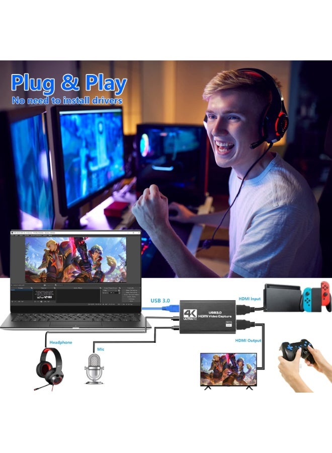 بطاقة التقاط الفيديو 4K 1080P 60 إطارًا في الثانية، جهاز التقاط الألعاب HDMI إلى USB 3.0 لـ Nintendo Switch، PS4، الكمبيوتر، OBS، بث الكاميرا - Image 2