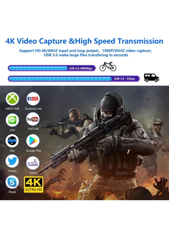 بطاقة التقاط الفيديو 4K 1080P 60 إطارًا في الثانية، جهاز التقاط الألعاب HDMI إلى USB 3.0 لـ Nintendo Switch، PS4، الكمبيوتر، OBS، بث الكاميرا - Image 4