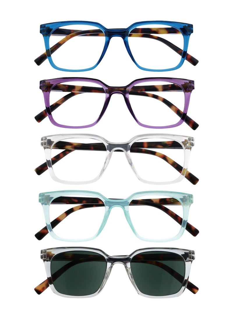 OPULIZE KOI Reading Glasses with Reading Sunglasses, Mixed Pack,Scratch Resistant Large Rectangular frame with spring Hinges, Black, Purple, Clear, Aqua, Clear +1.5 (Pack of 5) - Image 1