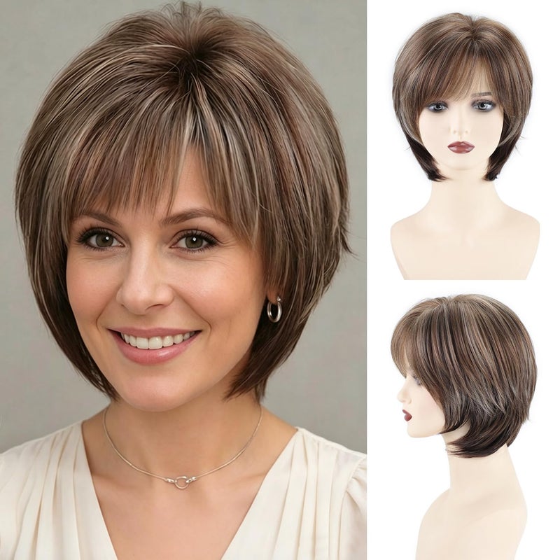 SEVENCOLORS Short Mixed Brown Wigs for White Women Natural Layered Short Wigs with Bangs Synthetic Hair Wig with Blonde Highlights - Image 2
