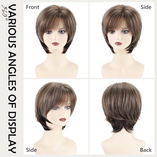 SEVENCOLORS Short Mixed Brown Wigs for White Women Natural Layered Short Wigs with Bangs Synthetic Hair Wig with Blonde Highlights - Image 3