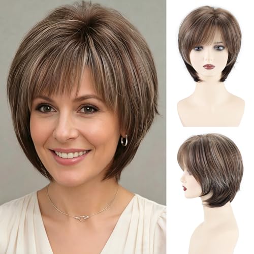 SEVENCOLORS Short Mixed Brown Wigs for White Women Natural Layered Short Wigs with Bangs Synthetic Hair Wig with Blonde Highlights - Image 1