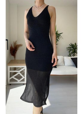 Alexander Gardi Strappy V Neck Openwork Slit Long Knit Dress A92533-S 