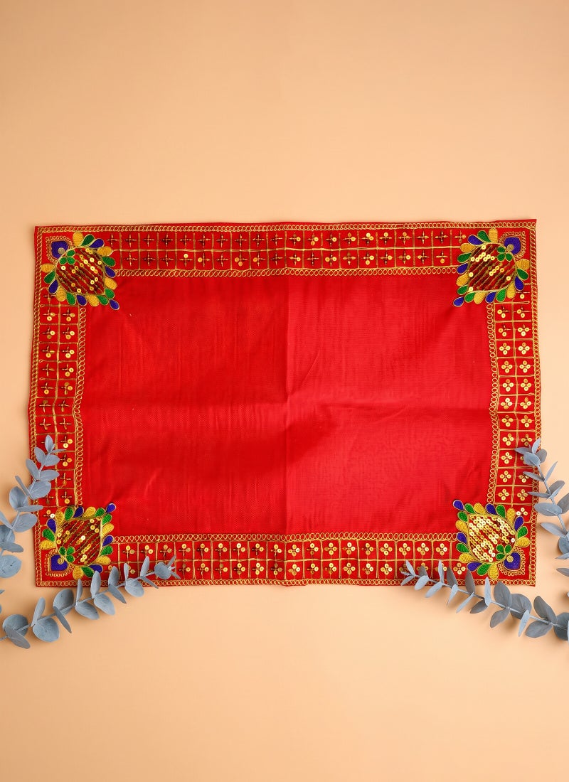 Madhoor Velvet Zari Grid Decorative Pooja Aasan Red for Pooja, Deity Idol Placement & Home Temples, 16 x 22 Inches - Image 1