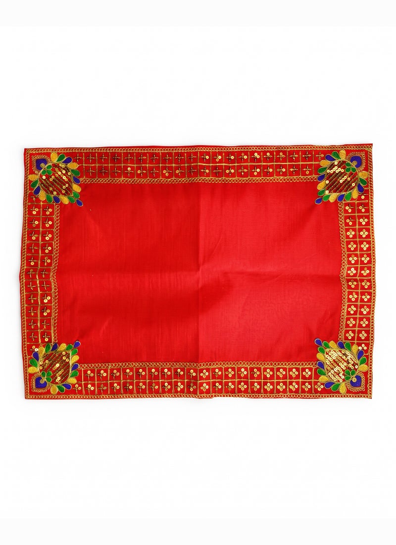 Madhoor Velvet Zari Grid Decorative Pooja Aasan Red for Pooja, Deity Idol Placement & Home Temples, 16 x 22 Inches - Image 4