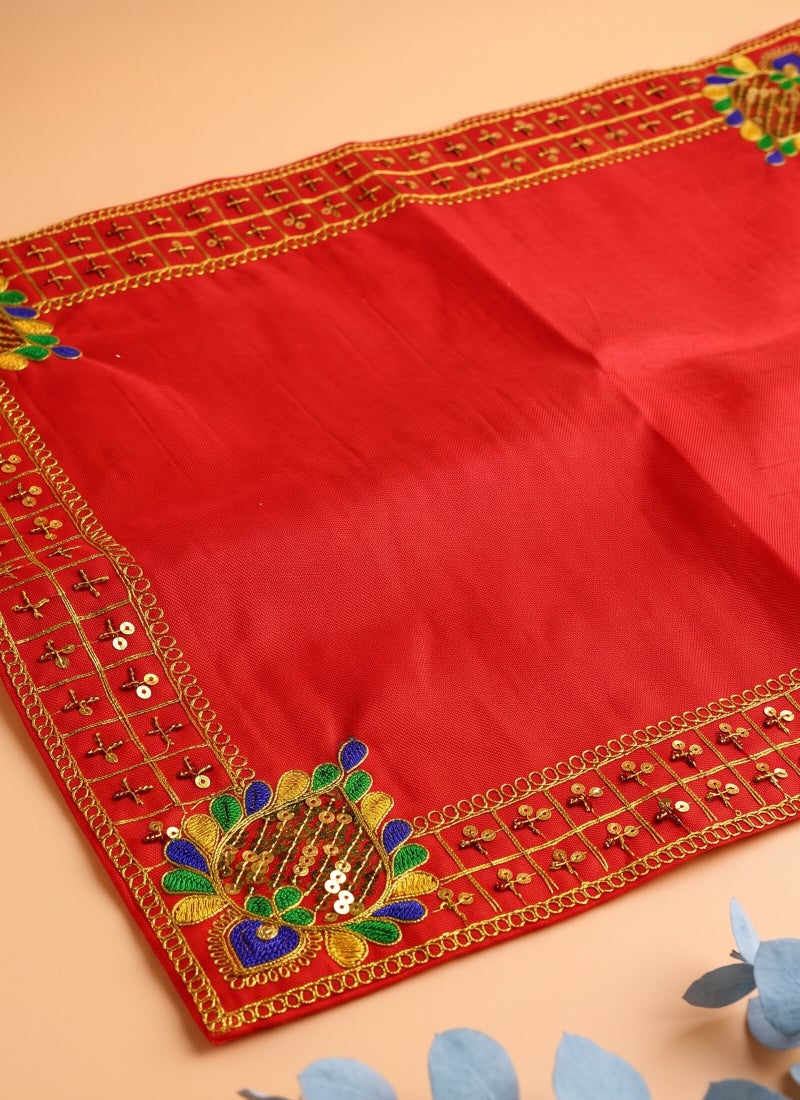 Madhoor Velvet Zari Grid Decorative Pooja Aasan Red for Pooja, Deity Idol Placement & Home Temples, 16 x 22 Inches - Image 3