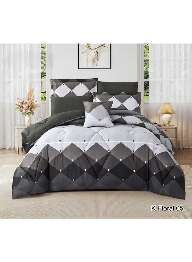 Hotel-style double bed comforter set with a reversible design to add beauty to your bedroom decor. Microfiber, 7 pieces: Comforter size: 1 comforter (260*240 cm), 1 fitted sheet (200*200 cm), 2 pillowcases (50*75 cm), 2 pillowcases (50*75 cm), 1 square pillowcase (45*45 cm)..