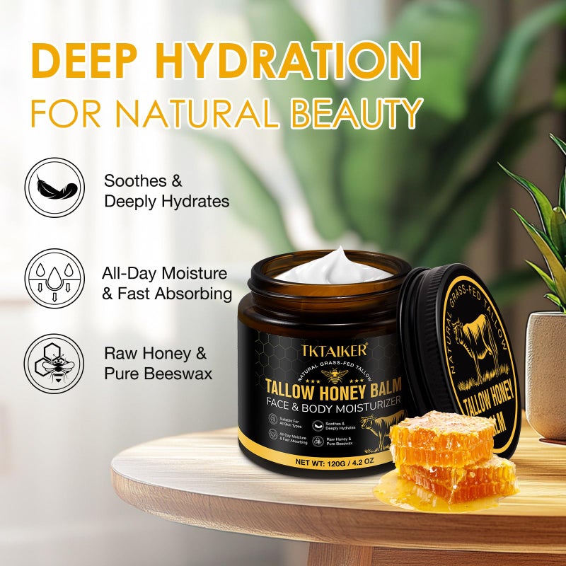 TKTALKER شحم البقر للبشرة، شحم البقر للوجه، بلسم شحم مرطب مع عسل خام وشمع العسل، مزيج شحم البقر من الأبقار التي تتغذى على العشب وعسل بري خام، مرطب للجسم والوجه، تركيبة طبيعية، رائحة خفيفة - Image 2