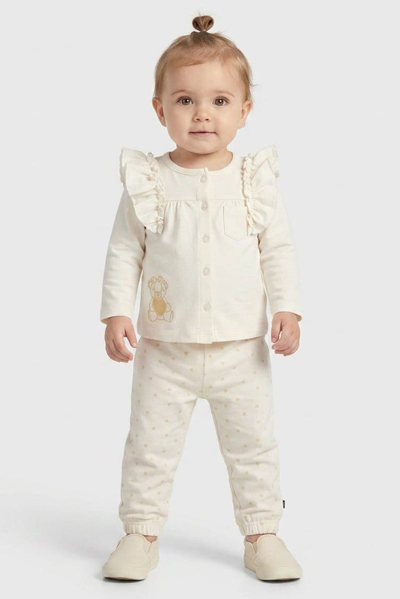 POPEES Toddlers Girl 2 Pcs Embroidered Top And Pants Set, Off White - Image 1