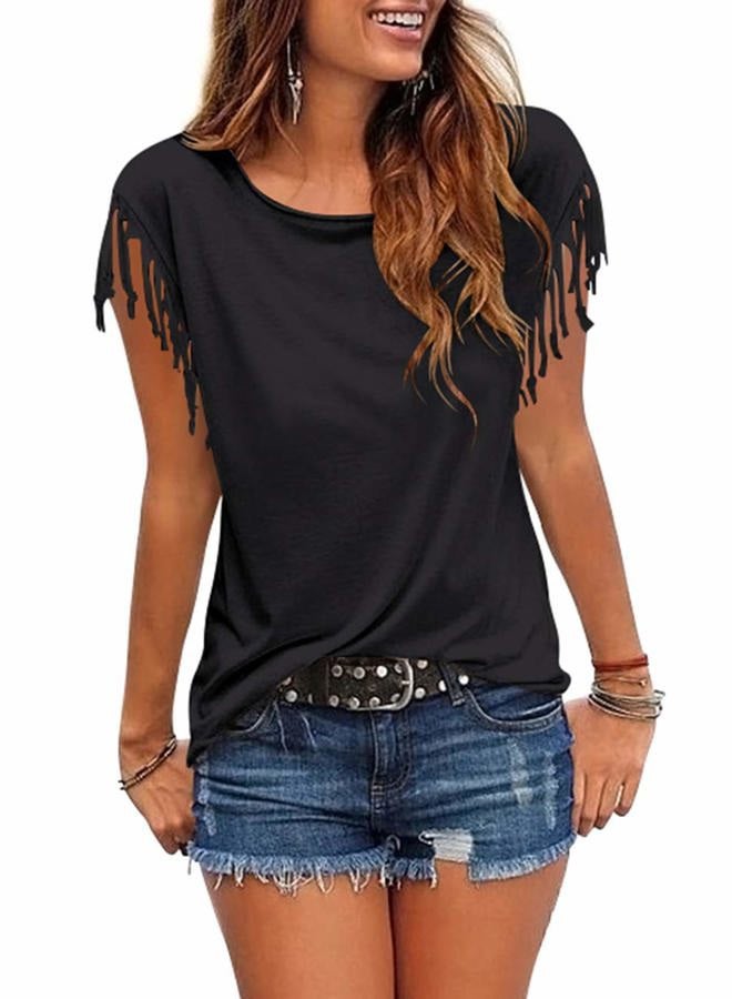 Cosonsen Women's Tassel Short Sleeve Round Neck T-Shirt Top Casual Summer Tee, 00 Black, XXL - Image 2
