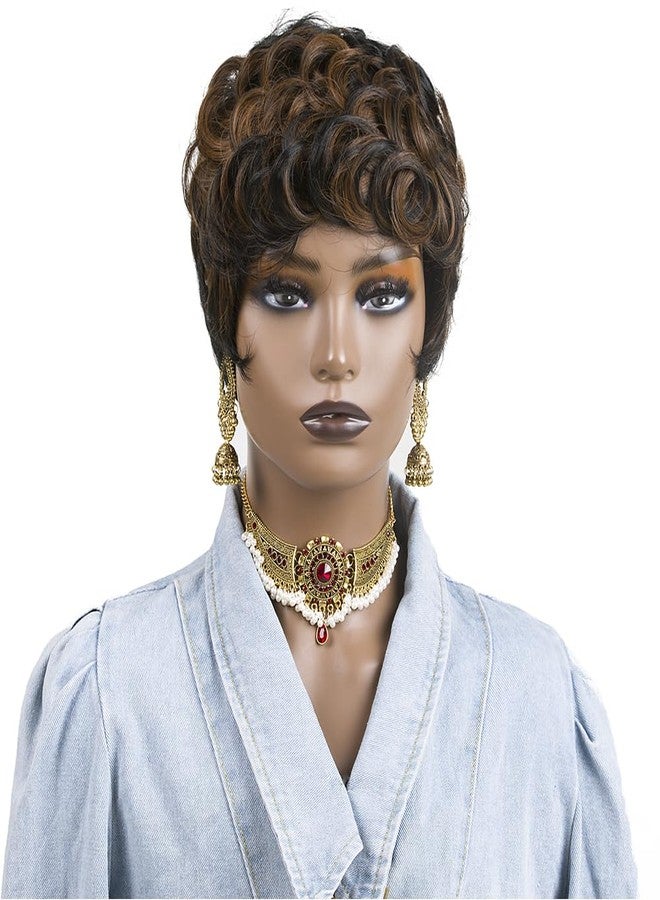 BingSing Short Pixie Cut Wigs for Black Women Short Curly Hair Layered Wavy Pixie Cut Wigs With Bangs Black Mixed Brown Short Wigs for Black Women (Black Mixed Brown) - Image 4