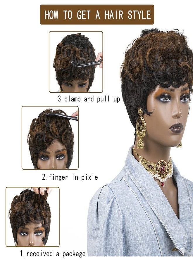 BingSing Short Pixie Cut Wigs for Black Women Short Curly Hair Layered Wavy Pixie Cut Wigs With Bangs Black Mixed Brown Short Wigs for Black Women (Black Mixed Brown) - Image 5