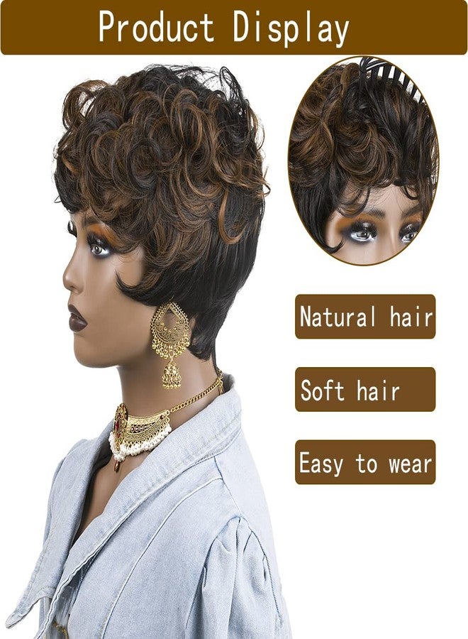 BingSing Short Pixie Cut Wigs for Black Women Short Curly Hair Layered Wavy Pixie Cut Wigs With Bangs Black Mixed Brown Short Wigs for Black Women (Black Mixed Brown) - Image 2