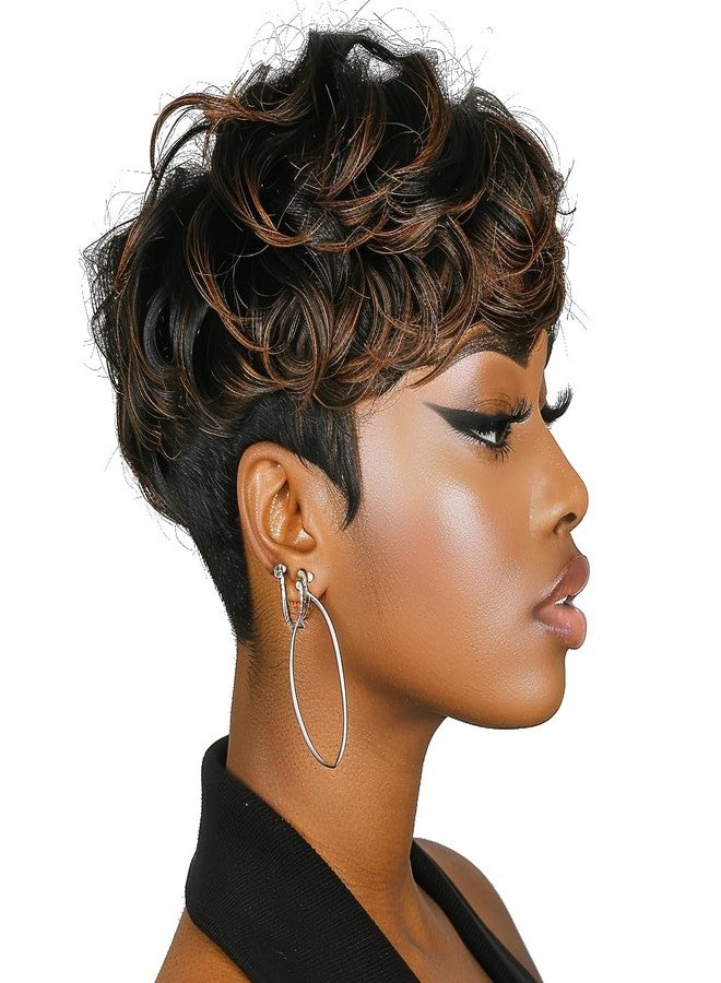 BingSing Short Pixie Cut Wigs for Black Women Short Curly Hair Layered Wavy Pixie Cut Wigs With Bangs Black Mixed Brown Short Wigs for Black Women (Black Mixed Brown) - Image 3