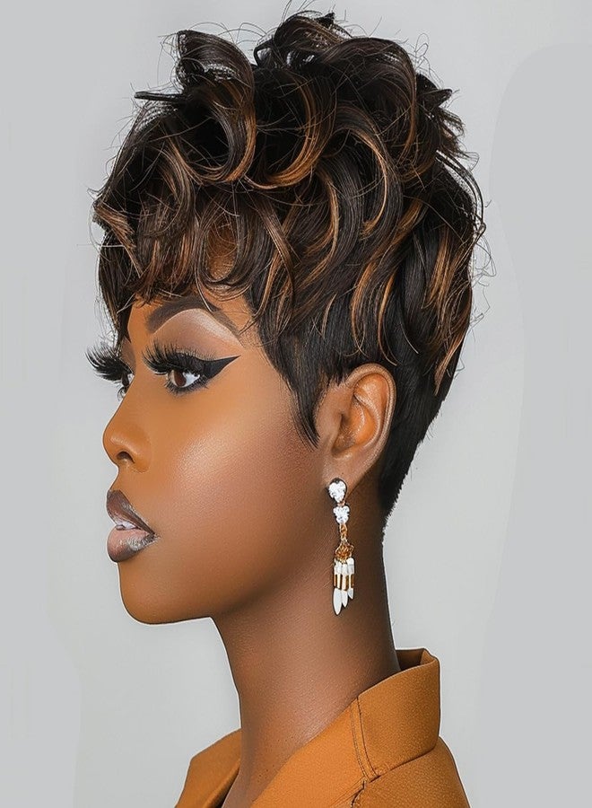 BingSing Short Pixie Cut Wigs for Black Women Short Curly Hair Layered Wavy Pixie Cut Wigs With Bangs Black Mixed Brown Short Wigs for Black Women (Black Mixed Brown) - Image 1
