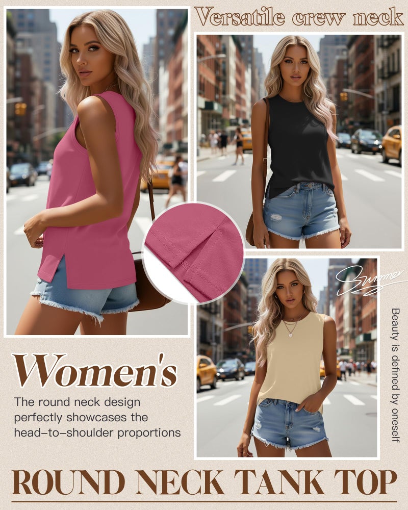 Ficerd 4 Pack Women's Sleeveless Tops, Casual Summer Loose Fit T Shirts Solid Color Tunic Tank Tops Ladies' Crew Neck(Black, Apricot, Rose Pink, Royal Blue,Large) - Image 3