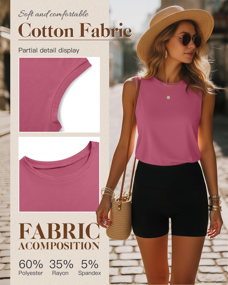 Ficerd 4 Pack Women's Sleeveless Tops, Casual Summer Loose Fit T Shirts Solid Color Tunic Tank Tops Ladies' Crew Neck(Black, Apricot, Rose Pink, Royal Blue,Large) - Image 4