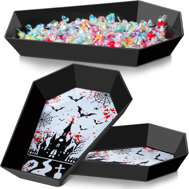 Wiwiqing 2 Pcs Halloween Candy Bowl Plastic Coffin Shaped Serving Tray Spooky Serving Dish Trick or Treat Candy Platter for Halloween Party Food Storage Charcuterie Board Serving Supplies (Castle) - Image 1