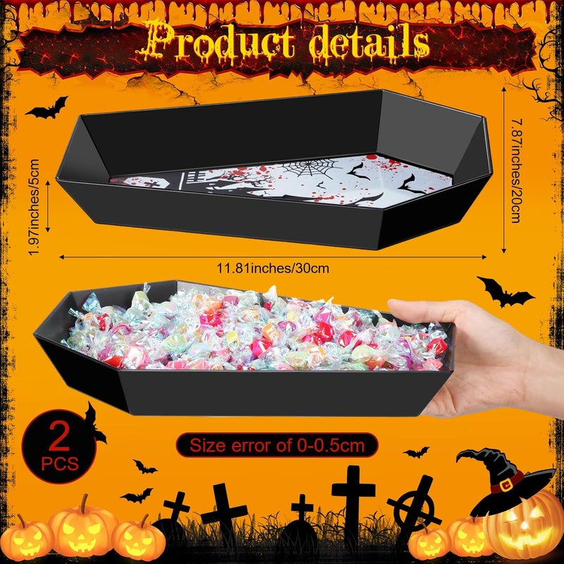 Wiwiqing 2 Pcs Halloween Candy Bowl Plastic Coffin Shaped Serving Tray Spooky Serving Dish Trick or Treat Candy Platter for Halloween Party Food Storage Charcuterie Board Serving Supplies (Castle) - Image 2