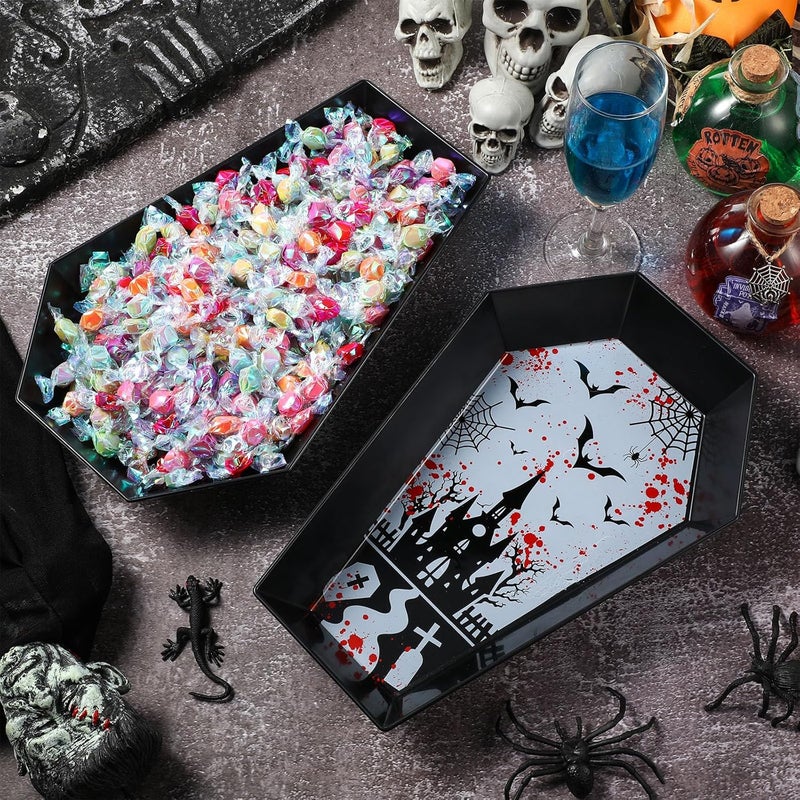 Wiwiqing 2 Pcs Halloween Candy Bowl Plastic Coffin Shaped Serving Tray Spooky Serving Dish Trick or Treat Candy Platter for Halloween Party Food Storage Charcuterie Board Serving Supplies (Castle) - Image 4