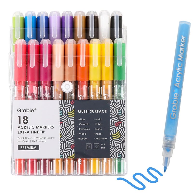 Grabie Acrylic Paint Pens Markers, 18 Colors, 0.7 mm, Extra Fine Tip Drawing Markers, Premium Paint Pens for Painting on Various Surface, Art Supplies - Image 1