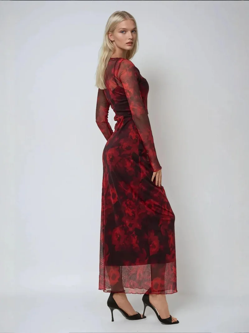 زوبعة فستان ماكسي ضيق بطبعات زهور من الشبك