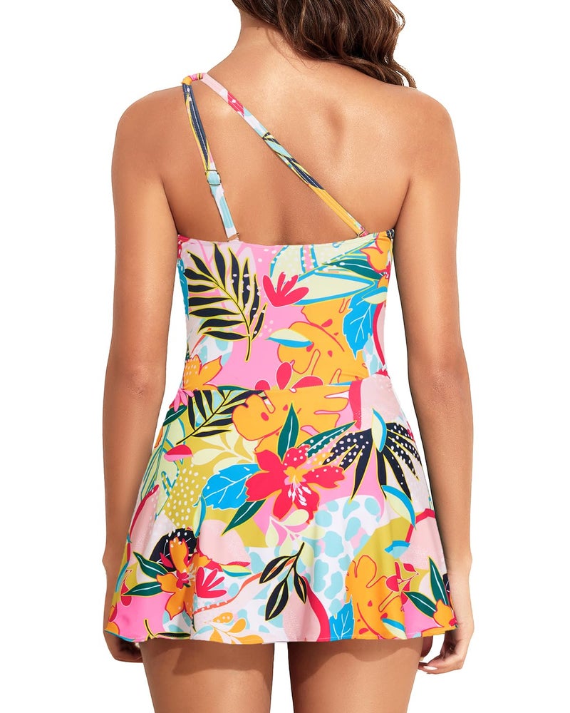 Daci One Piece Swim Dress - Women One Shoulder Tummy Control Swimsuit with Skirt 2025 Skirted Bathing Suit Swimdress Colorful Floral M - Image 2