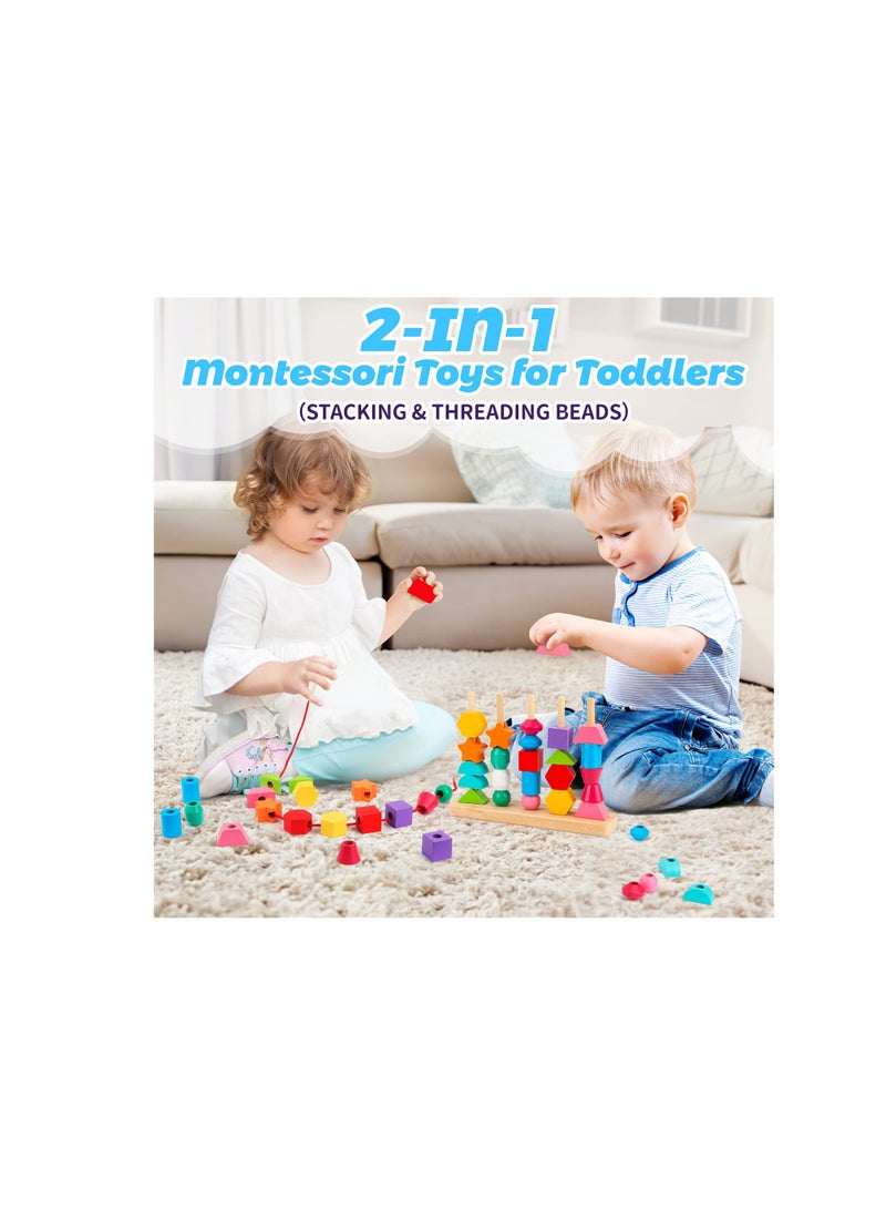 SOLARAE Montessori Toys, Wooden Beads Sequencing Toy, Stacking Blocks, Matching Shape Stacker, Preschool Educational Toys, Boost Child's Observation Skills - Image 3