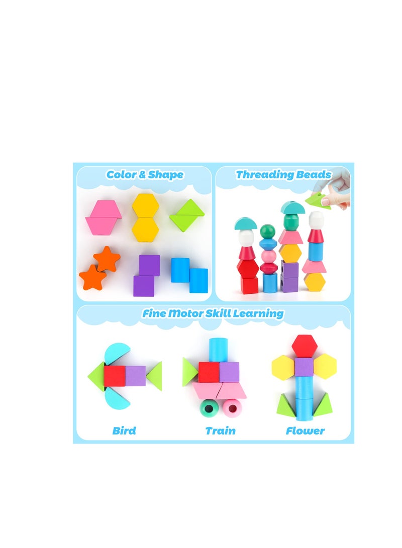 SOLARAE Montessori Toys, Wooden Beads Sequencing Toy, Stacking Blocks, Matching Shape Stacker, Preschool Educational Toys, Boost Child's Observation Skills - Image 5